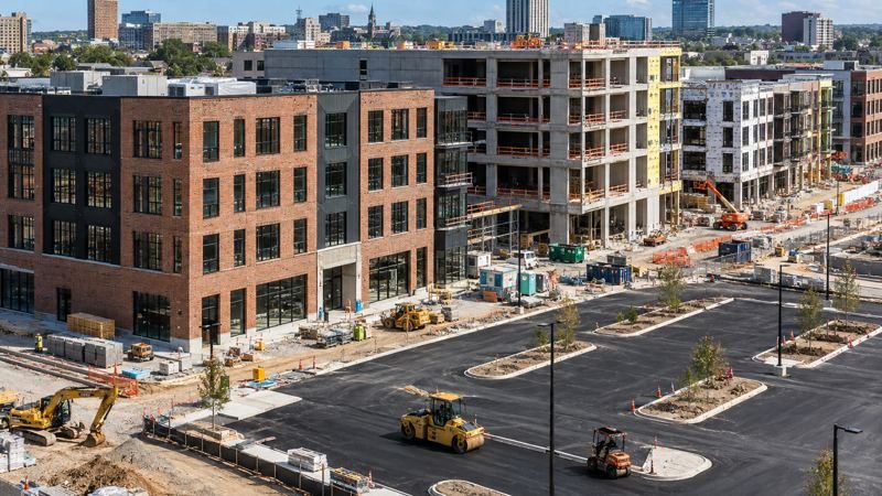 Construction site with new brick building